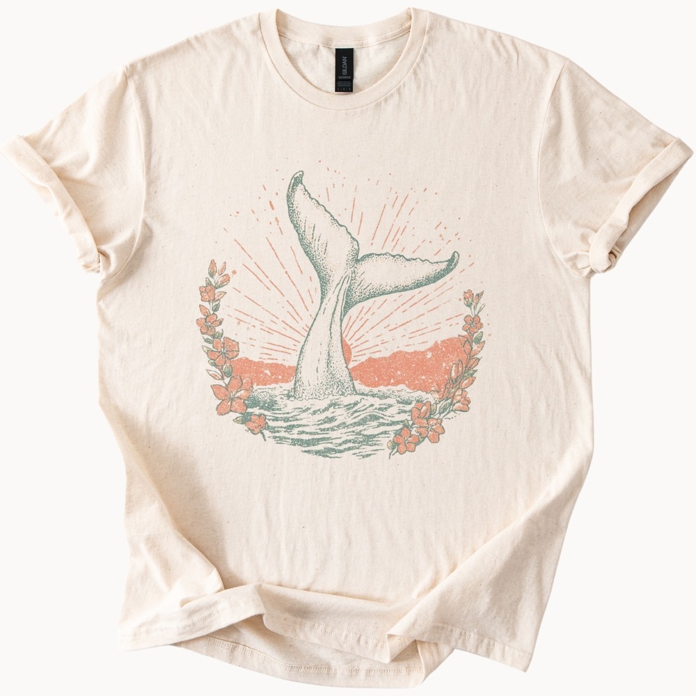 Whale Tail Botanical Graphic Tee Vintage Nature Illustration